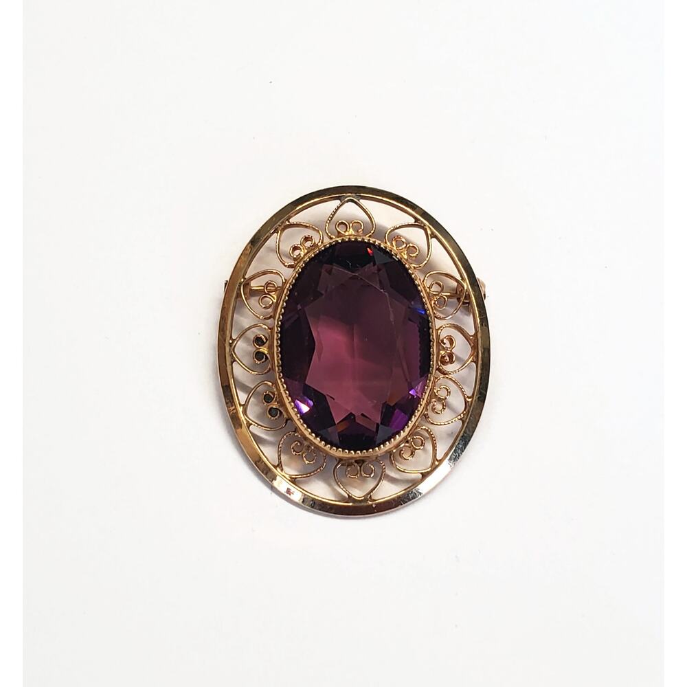 Vintage Catamore 1/20 12K G.F.  Purple Amethyst Glass Gold-filled Filgree Brooch
